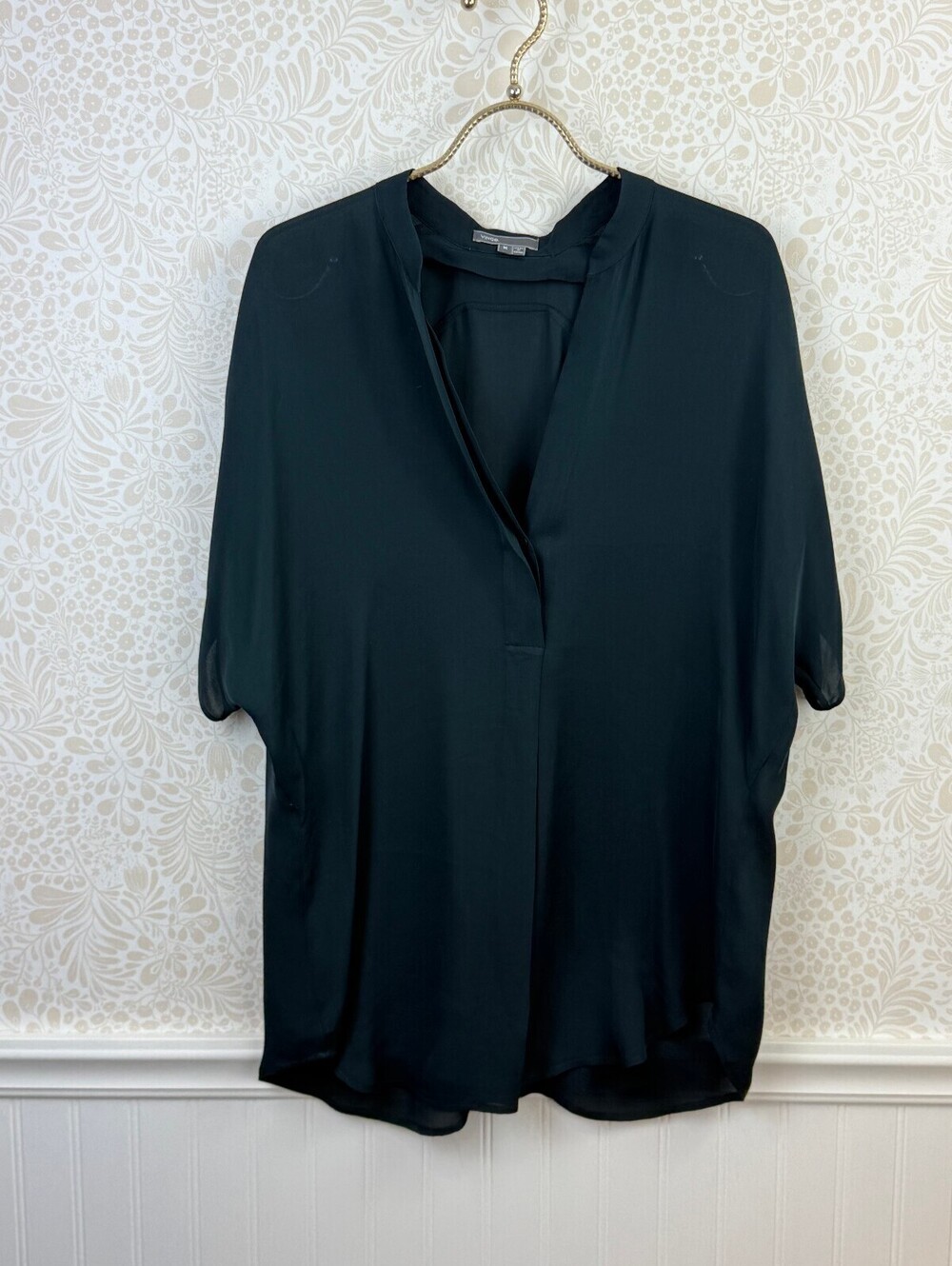 Vince Teal Green 100% Silk Satin Band-Collar Tunic Blouse - Size - Medium - Picture 6 of 6